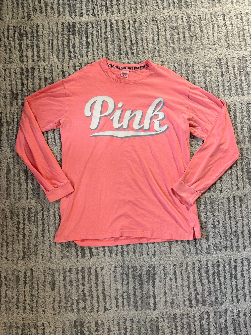 Pink Victoria’s Secret bright pink logo long sleeve tee top shirt size M